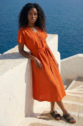 Roman Button Linen Mix Midi Dress