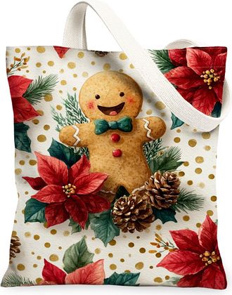 Generic Gingerbread Canvas Tote Bags, Holiday Floral Pattern Eco-Friendly Shopping Bags, Festive Rustic Lightweight Washable Should, Multicolor, 13x15 Inch