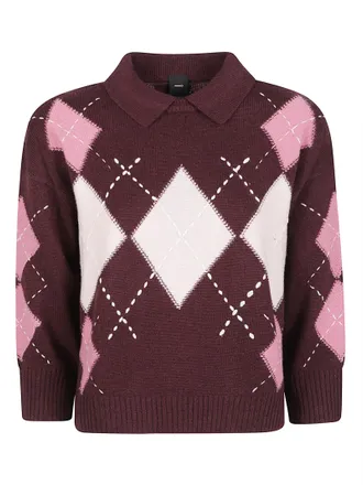 Pinko Cork Wool-Blend Argyle Cropped Polo Knit
