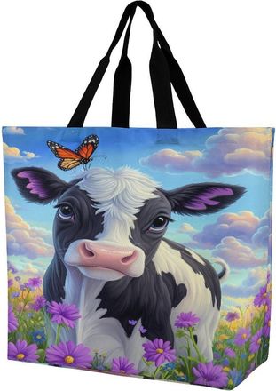 Generic Cow Florals Butterfly Tote Bag Reusable Grocery Shopping Bags Large Travel One Shoulder Handbag for Picnic Work