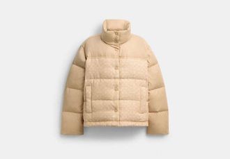 Coach Womens Signature Down Jacket in Beige, Size X-Small | Nylon