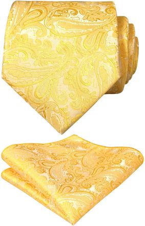 Alizeal Handmade Paisley Floral Tie with Pocket Square Set (174-Yellow, One Size)