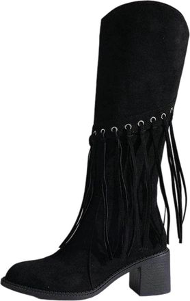 Generic Black Ladies Stylish Casual Winter Warm Tassel Suede Thick Heel Pointed Maillard Mid Heel High Tube Tassel Boots for Cold Weather