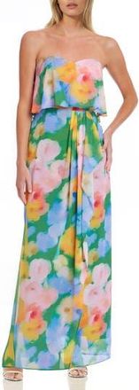 Badgley Mischka Floral Pleated Strapless Gown in Green Multi at Nordstrom Rack, Size 10