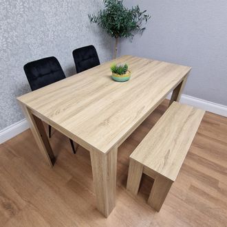 Kosy Koala Oak Effect Dining Table Set With 2 Black Velvet Chairs & Bench Dining Room Furniture in Brown