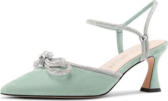 Castamere Womens Close Pointed Toe Rhinestone Crystal Wedding Heel Ankle Strap Bow-Knot Kitten Pumps Court Shoe Dress Shoes 6.5 CM Heels Pale Green 6 UK