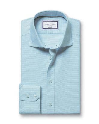 CHARLES TYRWHITT Non-Iron Westminster Weave Cotton Shirt - Aqua Green Single Cuff Size 16/34 by Charles Tyrwhitt