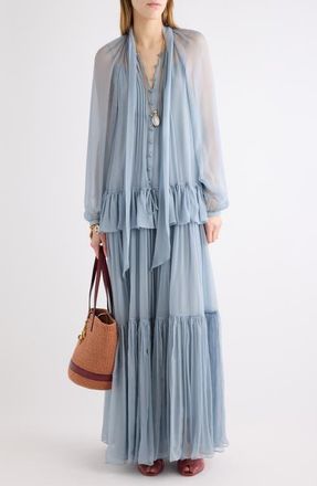 Chlo&eacute; Silk Mousseline Maxi Dress in Sandy Black at Nordstrom, Size 42