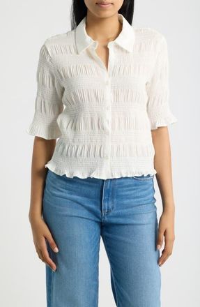 Bobeau Smocked Button-Up Shirt in White at Nordstrom, Size X-Large