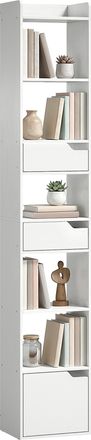 HOMCOM Homcom Estanter&iacute;a Para Libros Con 2 Cajones Y Puerta, Librer&iacute;a Estrecha Con 6 Estantes Abiertos, Armario Alto Para Sal&oacute;n, 32x24x181,5 Cm, Blanco