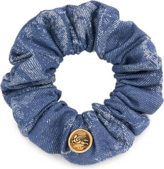 Etro Cotton And Linen Jacquard Denim Scrunchie With Leafy Motif