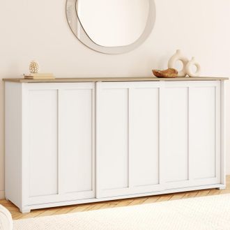 IDMarket Aparador Jango 160 Cm Con 3 Puertas Correderas Blancas Y Encimera De Madera