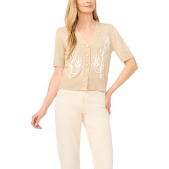CeCe by Cynthia Steffe Embroidered Floral Short Sleeve Cardigan in Oatmeal Taupe at Nordstrom, Size Xx-Small