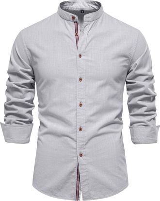 Generic Mens Cotton Shirts Long Sleeved Stand-up Collar Button Down Oxford Shirt Casual Plain Smart Work Business Formal Grey