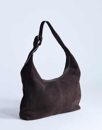 Topshop Shayla - Borsa da spalla in vero camoscio color cioccolato-Marrone
