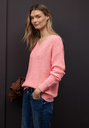 Street One Strickpullover STREET ONE, Damen, Gr. 40, striking coral, Strick, Obermaterial: 100% Baumwolle, meliert, l&auml;ssig geschnitten h&uuml;ftbedeckend, V-Ausschnit