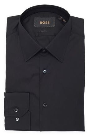 BOSS Hays Slim Fit Stripe Stretch Cotton Dress Shirt in Black at Nordstrom Rack, Size 14.5 - R