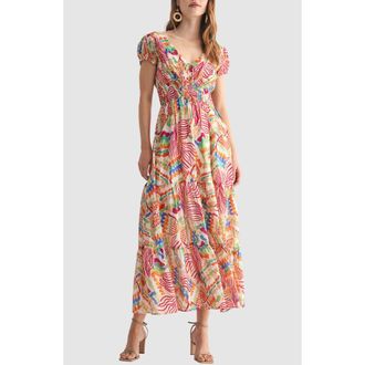 All in Favor Abstract Print Smock Waist Tiered Cotton Blend Dress in Multi Floral at Nordstrom Rack, Size X-Large