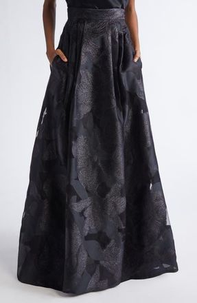 St. John Metallic Floral Jacquard Organza Skirt in Black at Nordstrom, Size 6