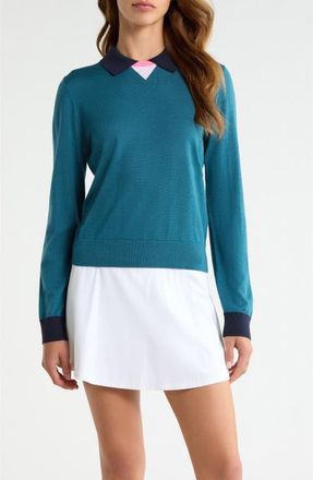 G/Fore Colorblock Merino Wool Sweater Polo in Marine Teal at Nordstrom, Size X-Large