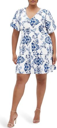 City Chic Winslow Print Ruffle Hem Puff Sleeve Dress in Willow Blue at Nordstrom, Size Xs