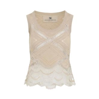 Ermanno Scervino Mouwloze gebreide top met kanten rand - Dames - Tops - Beige - Maat: XS Katoen