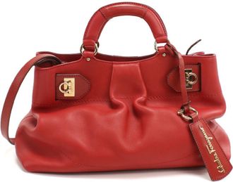 Ferragamo Gancini Red Color Rayon Tote Bag (Pre-Owned)