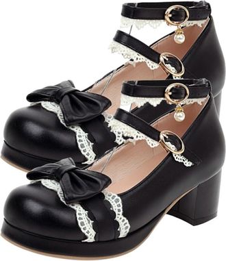 Generic WomenS Lolita Leather Pumps with Bow Tie, Round Toe, Mid Block Heels, Black Size 39, Casual School Shoes for and Students