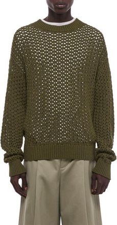 Helmut Lang Open Stitch Organic Cotton Blend Crewneck Sweater in Olive at Nordstrom, Size Xx-Large