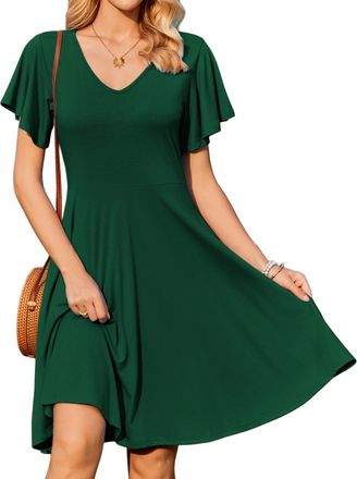 Zeagoo Summer Dress Womens V-Neck Casual Dresses Ruffle Short Sleeve Beach Dress Casual Knee-Length Blouse Dress Lightweight A-line Dresses with Pockets, Gre