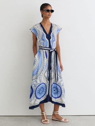 Reiss Scarf-print Belted Midi Dress, 10