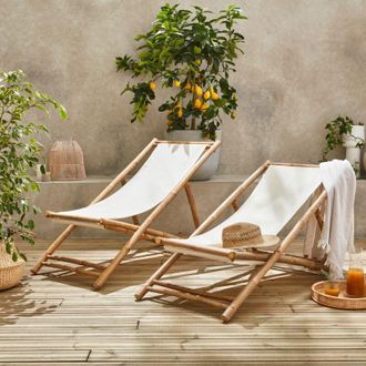 Sweeek Set 2 lettini prendisole in bamb&ugrave; e tela naturale pieghevole multiposizione