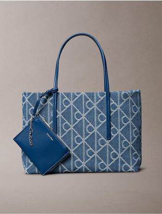 Calvin Klein Womens Allover Emblem Logo Denim Small Tote Bag - Blue