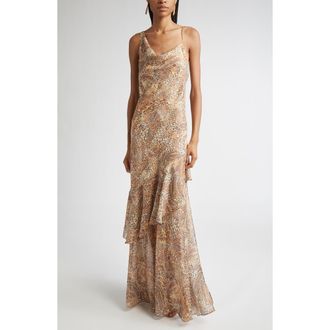 L'agence Viola Mixed Print Tiered Silk Gown in Brown/Blue Valencia Leopard at Nordstrom Rack, Size 12