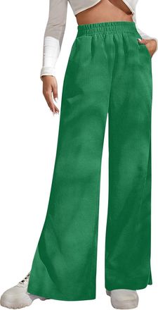 Generic Corduroy Trousers Women Elastic Waist Straight Leg Cord Pants Casual Loose Wide Leg Corduroy Sweatpants Winter Fashion Side Slit Palazzo Lounge Pants 