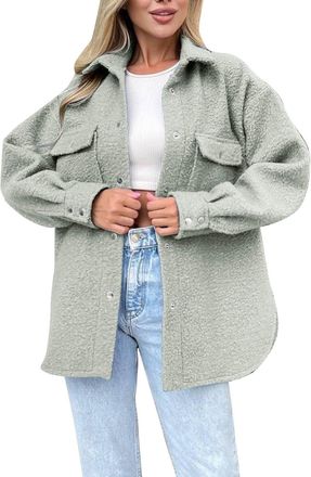 Generic Winter Jackets for Women Ladies Winter Jackets Fleece Shirt Jacket Oversized Button Down Long Shacket with Pockets(Green, XL)