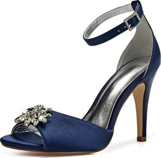Generic Wedding Shoes Womens Heels Bridal Ankle Strap Open Toe Heels Stiletto High Heeled Sandals for Prom, Party, Daily Wear 10.5Cm,Dark Blue,7 UK
