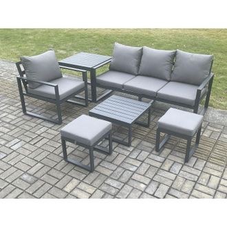 Fimous Fimous Aluminium Outdoor Garden Furniture Set Patio Lounge Sofa Chair Set with Square Coffee Table Side Table 2 Small Footstools Conservatory Set