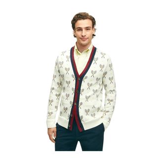 Brooks Brothers Supima katoen Racquet Jacquard patroon Cardigan - Heren - Vesten - Beige - 2XL - Katoen - Truien & Vesten