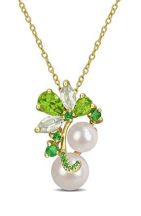 Delmar 8-9mm Cultured Freshwater Pearl & Gemstone Cluster Necklace in Green at Nordstrom Rack