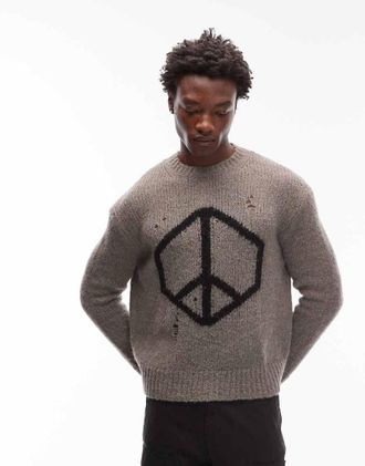 AllSaints Maglione kaki con simbolo della pace-Grigio