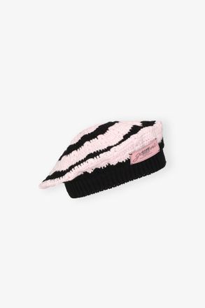 Ganni Pink Striped Cotton Crochet Beret