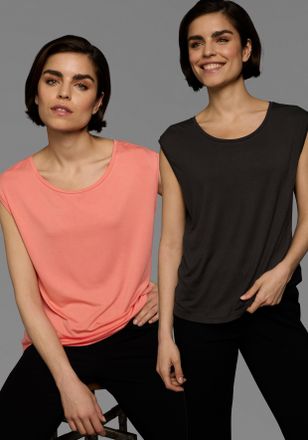 Laura Scott Tr&auml;gertop LAURA SCOTT, Damen, Gr. 32/34, schwarz (schwarz, coral), Jersey, Obermaterial: 95% Viskose, 5% Elasthan, unifarben, Basic, figurumspielend P