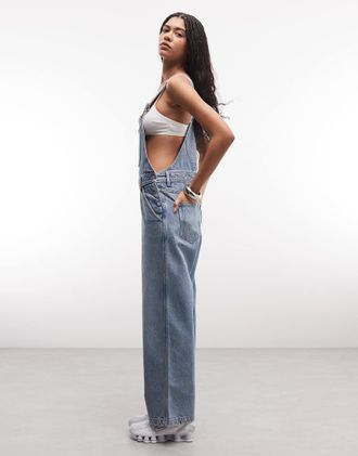 Monki Tuta jumpsuit a salopette a fondo ampio anni 90 in denim lavaggio azzurro-Blu