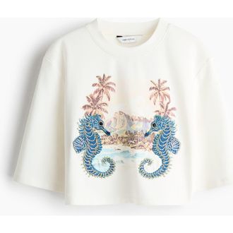 H&M Cropped Embellished T-shirt in White/seahorses at Nordstrom, Size X-Small