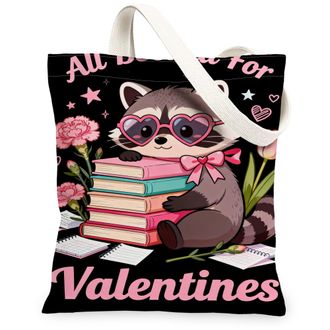 Generic ValentineS Floral Canvas Tote Bags, Cute Animal Pattern Reusable Grocery Bags, Vintage Chic Lightweight Washable for Trave, Black, 13x15 Inch