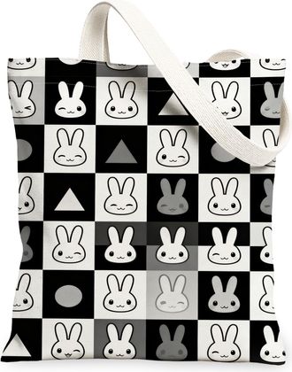 Generic Bunny Canvas Tote Bags, Cute Animal Pattern Reusable Grocery Bags, Spring Modern Chic Lightweight Washable Shoulder Strap C, Black White, 13x15 Inch