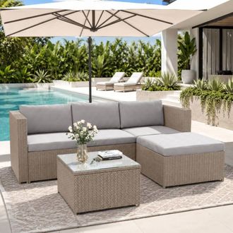 Merax Rattan Garden Corner Sofa Set with Coffee Table, Garden Furniture in Khaki
