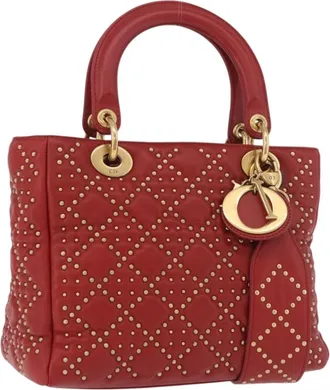 Dior Supple Lady Dior Cannage Studded Lambskin Red Leather Handbag (Pre-Owned)