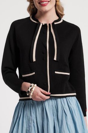 Frances Valentine Border Tie Neck Cardigan in Black/oyster at Nordstrom, Size X-Large